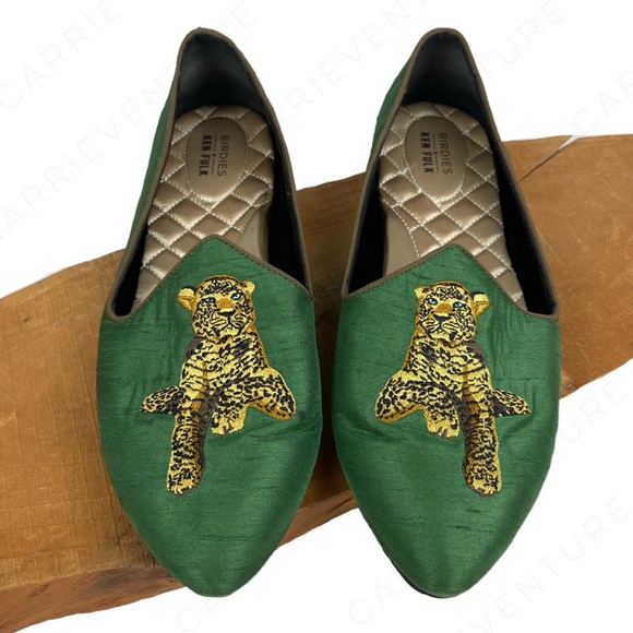 Birdies Shoes - Birdies X Ken Fulk The Heron Emerald Leopard Green Satin Smoking Slipper Loafers